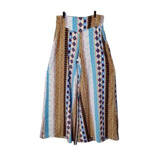 Voom Joy Han Sz L Palazzo Wide Leg Pants Boho Blue Brown Pull On Elastic Waist